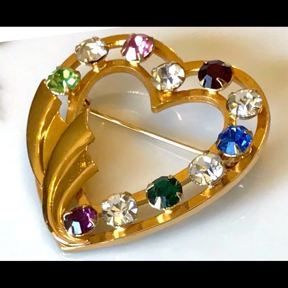 12K GF Catamore Rhinestone Open Heart Brooch Vtg